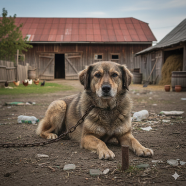Hofhund an der Kette Ein Hund sitzt an einer Leine vor einer Scheune, umgeben von Schmutz und Abfall.
