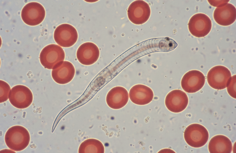Mittelmeerkrankheiten Ein durchsichtiger Embryo schwimmt zwischen roten Blutkörperchen.
