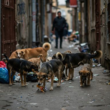 Hunde suchen Futter Eine Gruppe von Hunden spielt in einer dreckigen, engen Gasse. Müll liegt verstreut herum.
