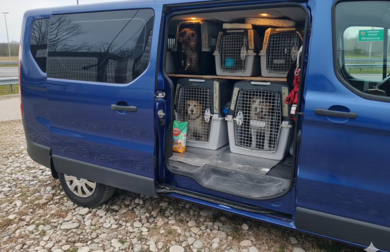 seriöser Tierschutz Blauer Van mit geöffneten Türen, in denen zwei Hunde und Futterkörbe sichtbar sind.