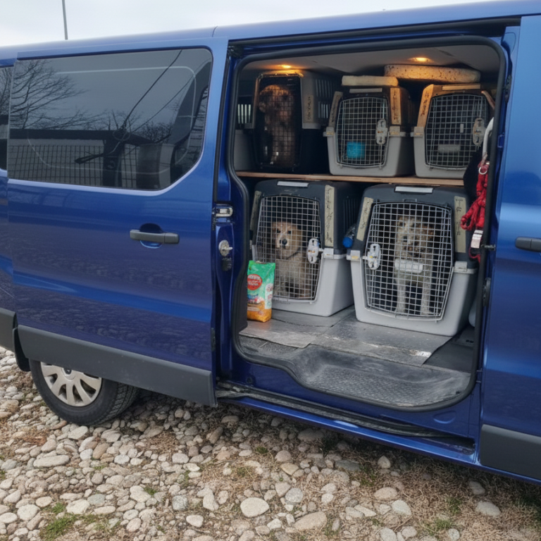 Hundetransport Ein blauer Transporter mit mehreren Hundeboxen und sichtbaren Hunden darin.