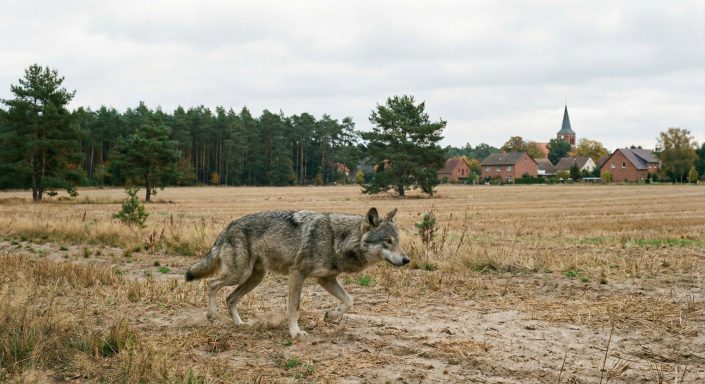 Europäischer Grauwolf Ein Wolf läuft durch ein Feld, im Hintergrund sind Bäume und ein Dorf zu sehen.