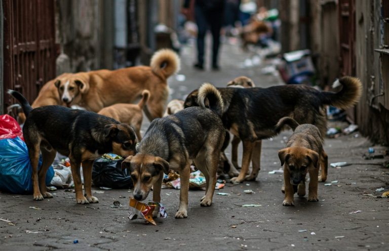 Straßenhunde in Osteuropa Gruppen von streunenden Hunden auf einem schmutzigen Gehweg zwischen Abfall.