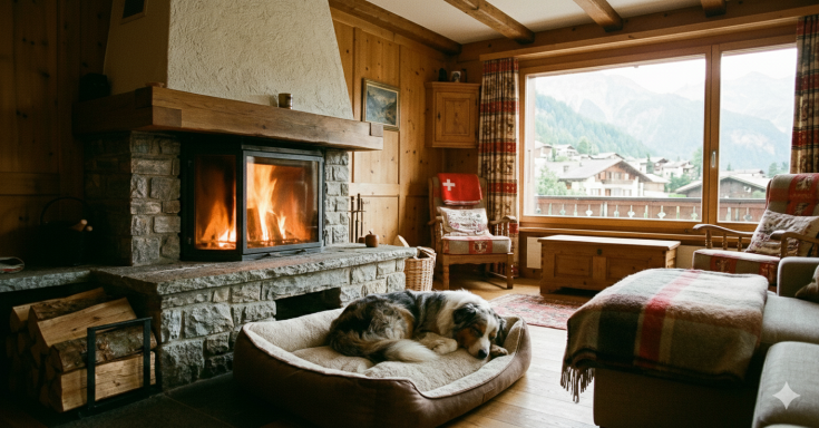 Australian Shepherd beim Dösen Gemütlicher Raum mit Kamin, Sitzbereichen und einem Hund, der auf einem Hundebett ruht.