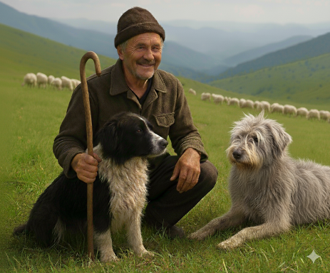 Hirte mit Hirtenhunden Ein Schäfer kniet auf einer Wiese zwischen zwei Hunden, während Schafe im Hintergrund grasen.